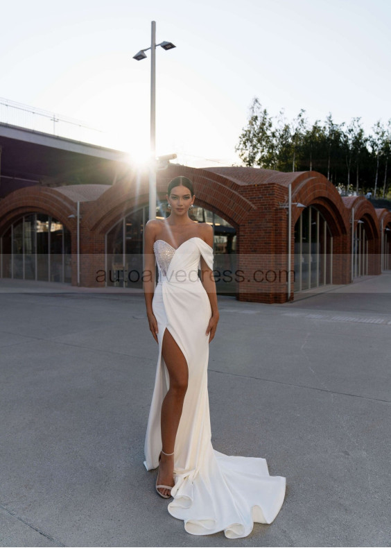 One Shoulder Beaded White Lace Satin Slit Sexy Wedding Dress